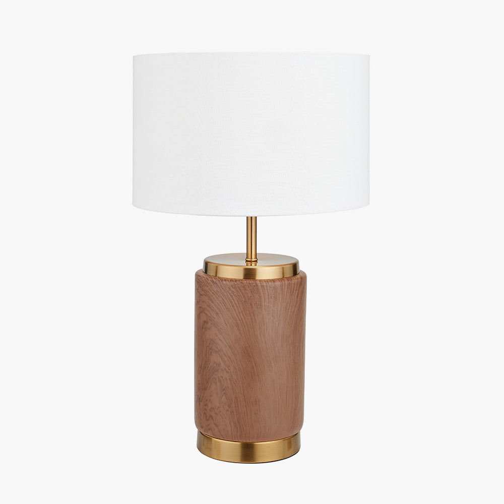 Modern Wood Effect Ceramic Table Lamp – Gold Accents & White Drum Shade - 