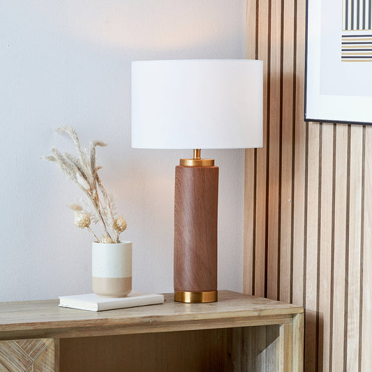 Modern Wood Effect Ceramic Table Lamp – Gold Accents & White Drum Shade - 
