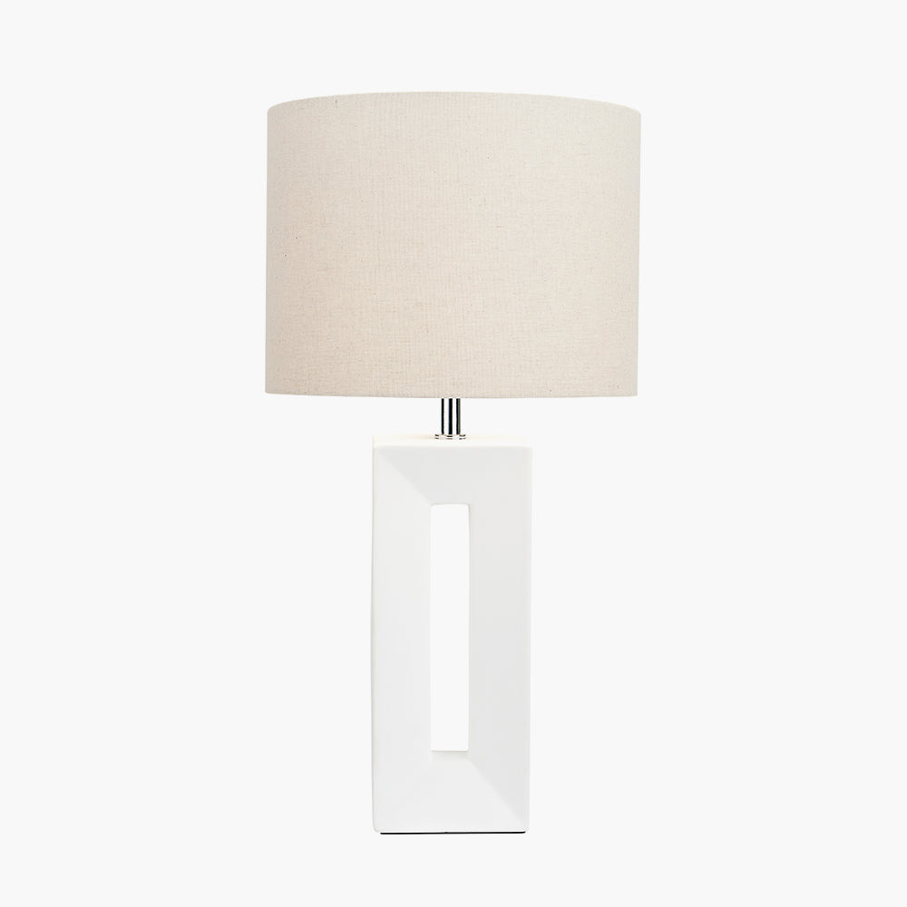 Elegant White Ceramic Table Lamp – Geometric Base & Neutral Linen Shade