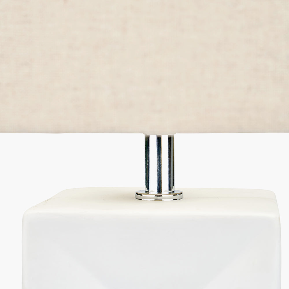 Elegant White Ceramic Table Lamp – Geometric Base & Neutral Linen Shade