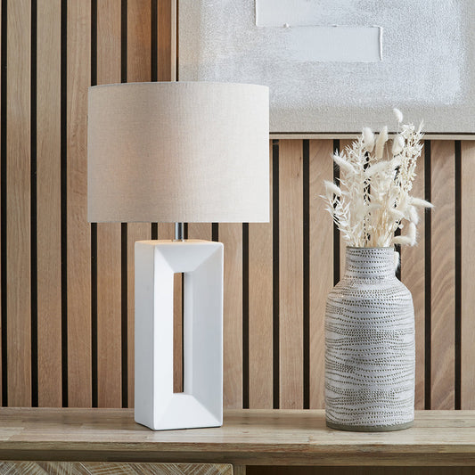 Elegant White Ceramic Table Lamp – Geometric Base & Neutral Linen Shade - 