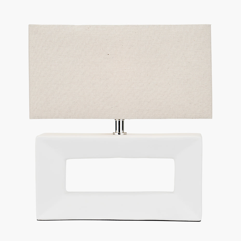 Modern White Ceramic Table Lamp – Rectangular Base & Neutral Linen Shade - 