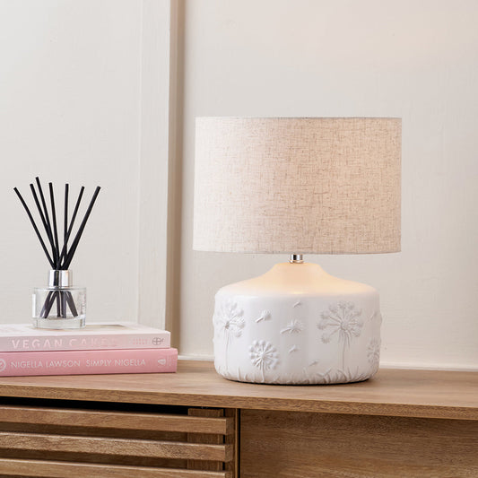Modern White Ceramic Table Lamp with Natural Shade - 33cm 