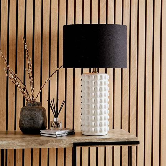 Modern White Ceramic Table Lamp Base – Textured Column Design & LED Compatible - 