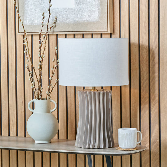 Elegant Taupe Ceramic Table Lamp Base – Ribbed Design & LED Compatible - 