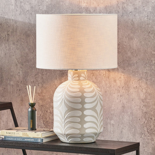 Elegant Grey & White Ceramic Table Lamp Base – Leaf Pattern Design & LED Compatible