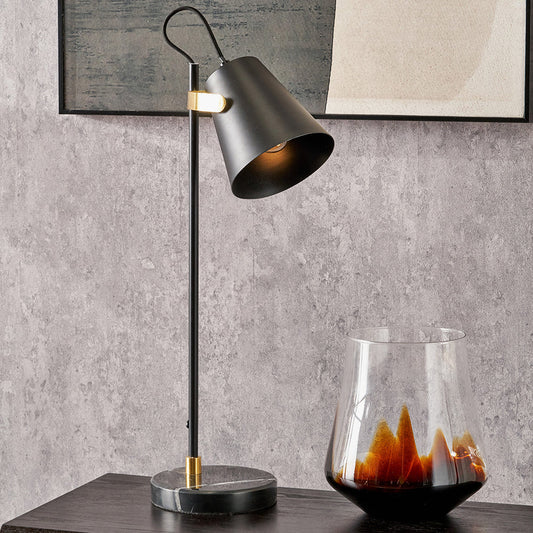 Sleek Black Marble Table Lamp – Brushed Brass Details - 