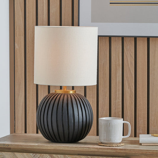 Modern Black Terracotta Table Lamp – Cream Linen Shade & Gold Accents - 