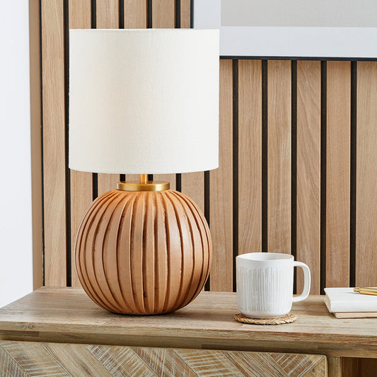 Modern Terracotta Table Lamp – Gold Detailing & Cream Linen Shade - 