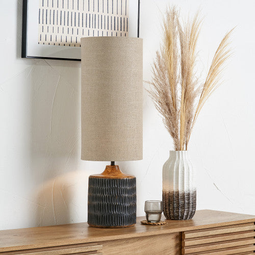 Rustic Antique Black Table Lamp – Tall Linen Shade & Mango Wood Base