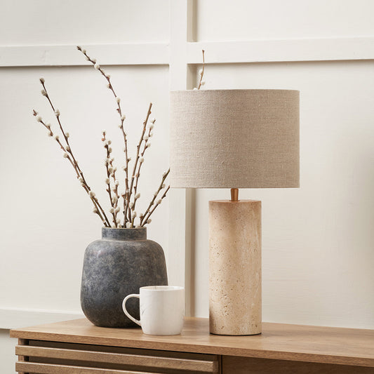 Modern Limestone Table Lamp – Textured Base & Natural Linen Shade