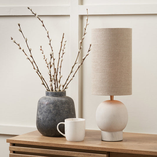 Modern Sandstone Table Lamp – Rounded Base & Natural Linen Shade - 
