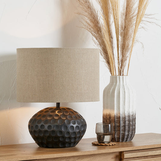 Antique Black Mango Wood Table Lamp – Textured Base & Natural Linen Shade - 