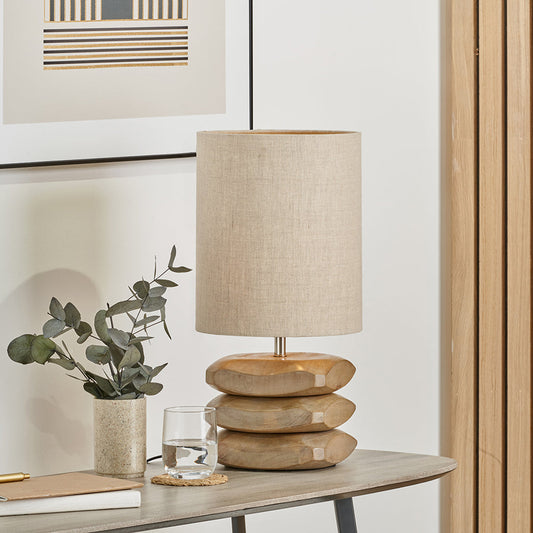 Rustic Mango Wood Table Lamp – Stacked Base & Cream Linen Shade - 