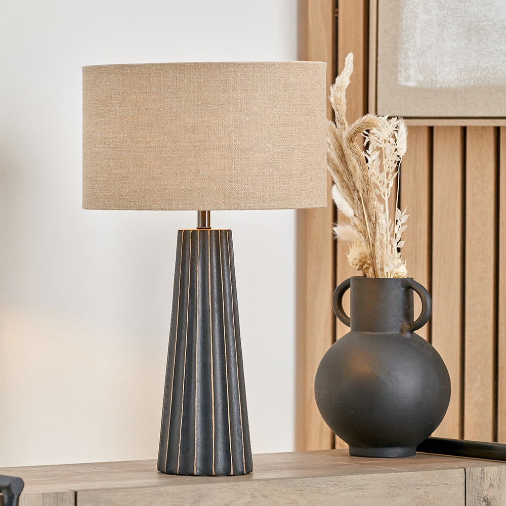 Rustic Mango Wood Table Lamp – Stacked Base & Cream Linen Shade - 