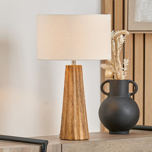 Modern Natural Mango Wood Table Lamp – Fluted Base & White Cotton Shade - 