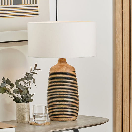 Rustic Mango Wood Table Lamp – Carved Grooves & White Linen Shade - 