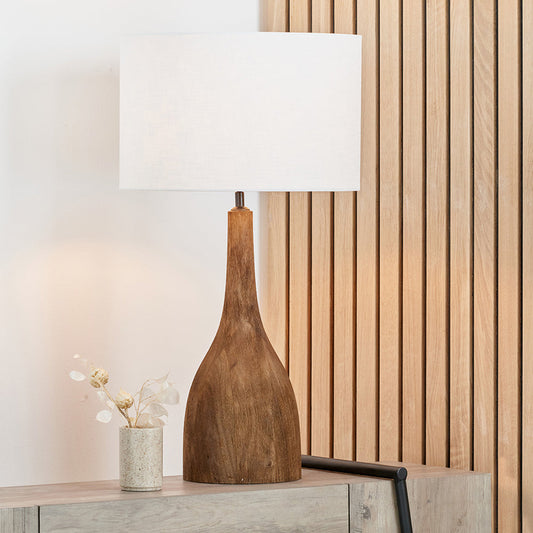 Rustic Chocolate Brown Mango Wood Table Lamp – Sculptural Base & White Linen Shade - 