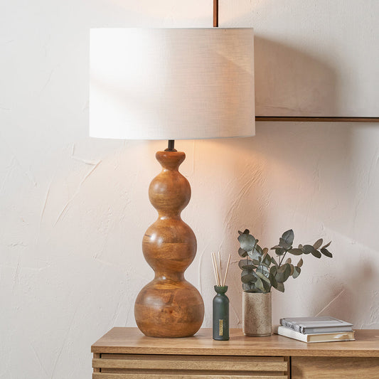 Contemporary Mango Wood Table Lamp – Sculpted Base & Brown Oiled Finish - 