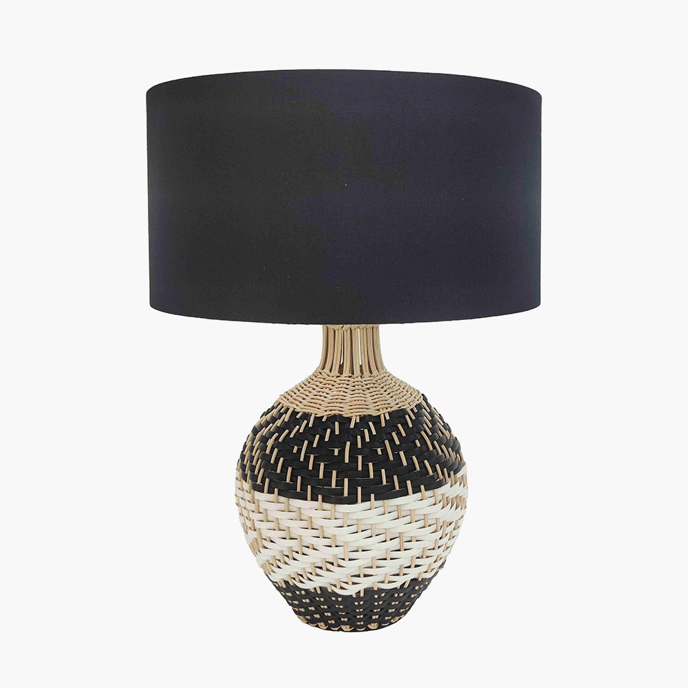 Modern Black & White Rattan Table Lamp – Natural Woven Base & Black Fabric Shade - 