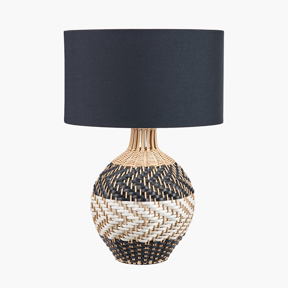 Modern Black & White Rattan Table Lamp – Natural Woven Base & Black Fabric Shade