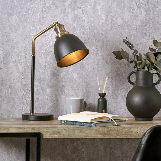 Modern Black Desk Lamp – Adjustable Metal Base & Gold Interior Shade - 