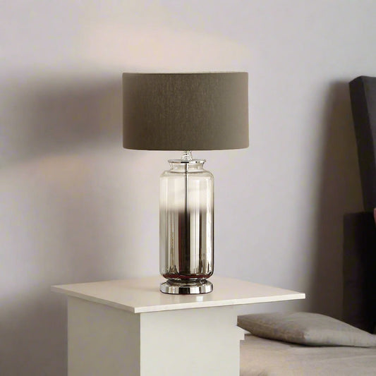 Modern Grey Glass Table Lamp – Chrome Base & Cylindrical Design  