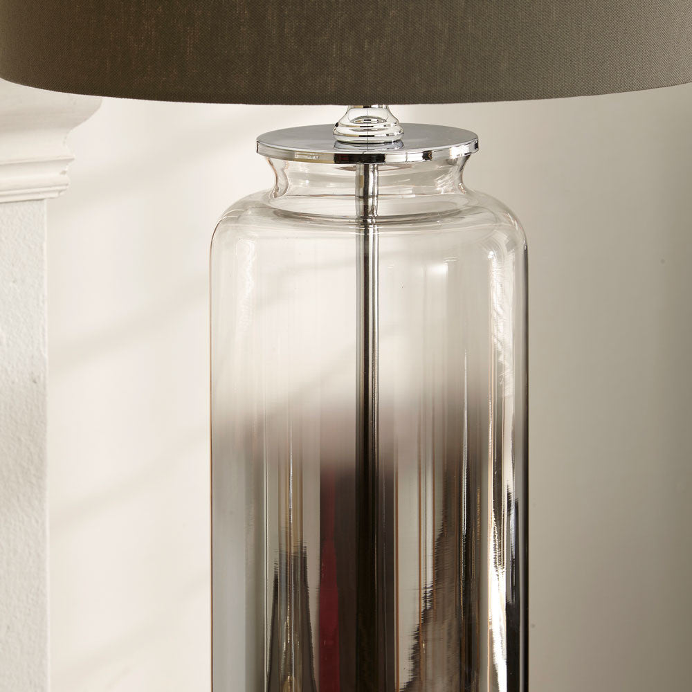 Modern Grey Glass Table Lamp – Chrome Base & Cylindrical Design  