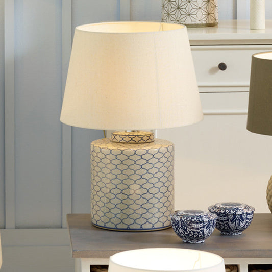 Elegant Ceramic Patterned Lamp – Grey & Blue with Classic Fabric Shade  