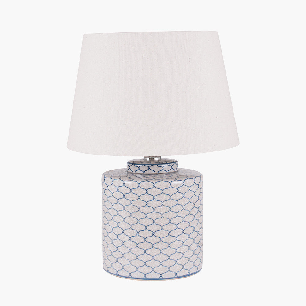 Elegant Ceramic Patterned Lamp – Grey & Blue with Classic Fabric Shade