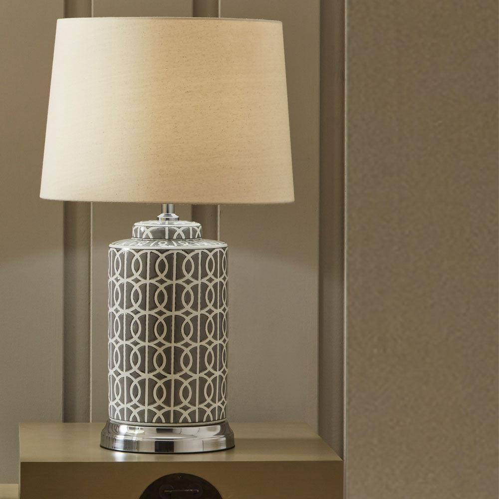 Elegant Grey & White Ceramic Table Lamp – Patterned Base & Neutral Shade  