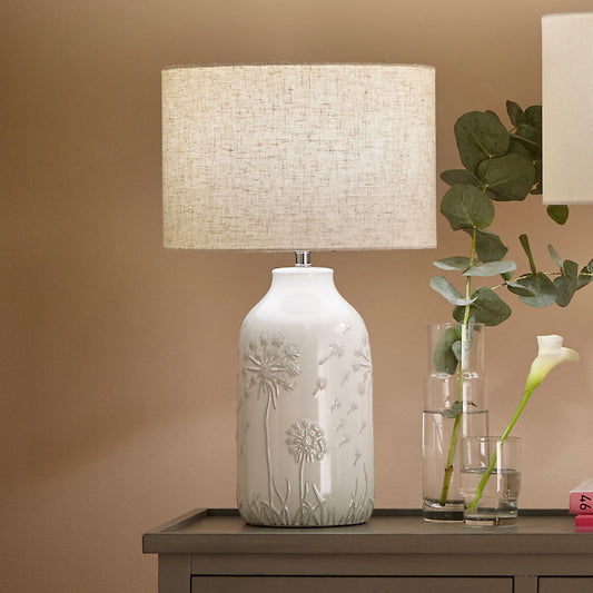 Elegant Ceramic Floral Table Lamp – White with Textured Design  