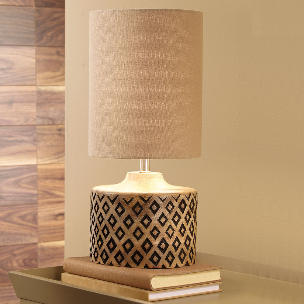 Rustic Natural & Black Wooden Table Lamp – Compact Geometric Design
