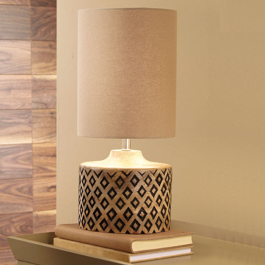 Rustic Natural & Black Wooden Table Lamp – Compact Geometric Design