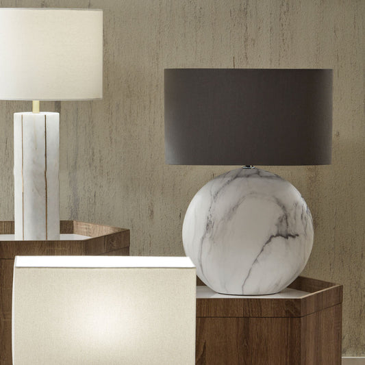 Modern Grey Ceramic Table Lamp – Marble Effect Base & Drum Shade  