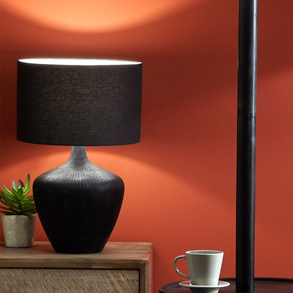 Elegant Antique Black Wooden Table Lamp – Distinctive Grooved Design - 