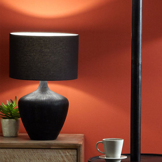 Elegant Antique Black Wooden Table Lamp – Distinctive Grooved Design - 