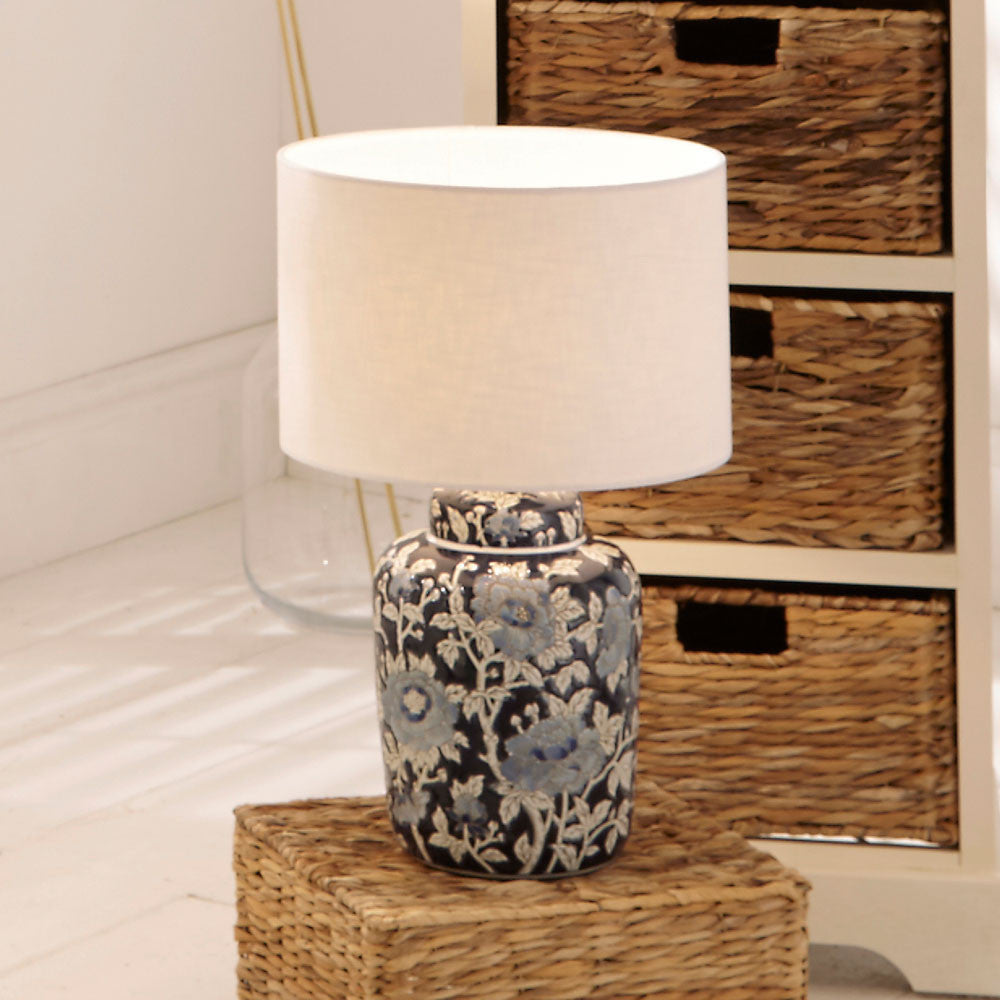 Elegant Hand Painted Ceramic Table Lamp – Blue Floral Detailing & White Shade  
