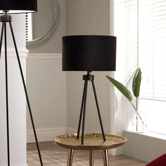 Contemporary Matt Black Tripod Table Lamp – Drum Shade & Sleek Design  