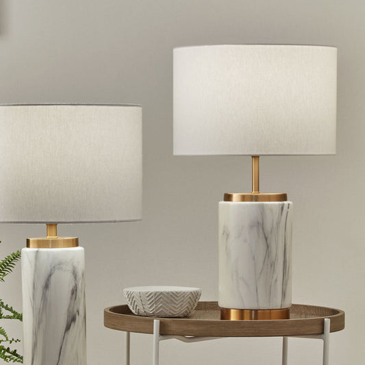 Elegant Ceramic Table Lamp – White Marble Effect & Gold Detailing  