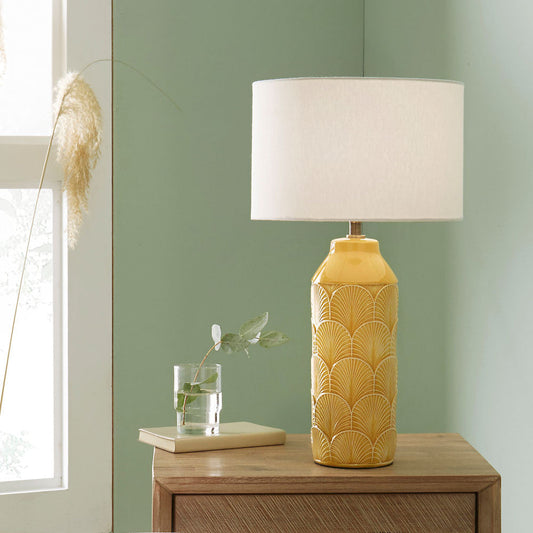 Modern Mustard Ceramic Table Lamp – Sculpted Art Deco Design  
