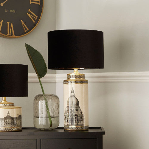 Classic Cream & Black Ceramic Lamp Base with Architectural Design - Tall