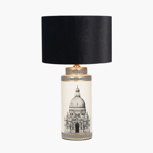 Classic Cream & Black Ceramic Lamp Base with Architectural Design - Tall