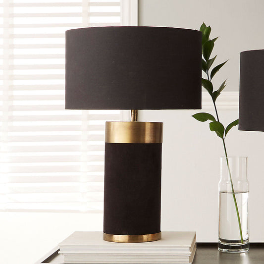 Elegant Velvet & Gold Cylinder Table Lamp – Metal Detailing & Modern Charm - 