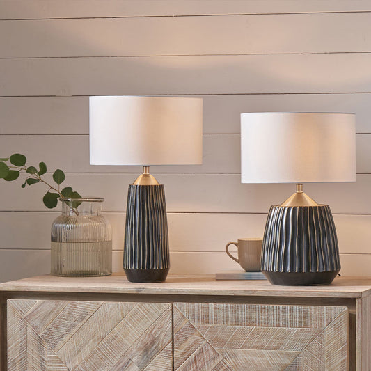 Modern Ceramic Table Lamp – Black Textured Base with Brushed Silver Detailing  