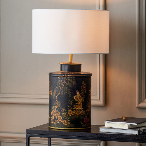 Oriental Metal Lamp Base – Black Finish & Hand-Painted Design - 