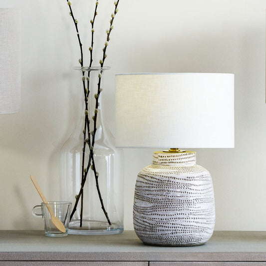 Contemporary White Stoneware Table Lamp – Textured Base & Fabric Shade  