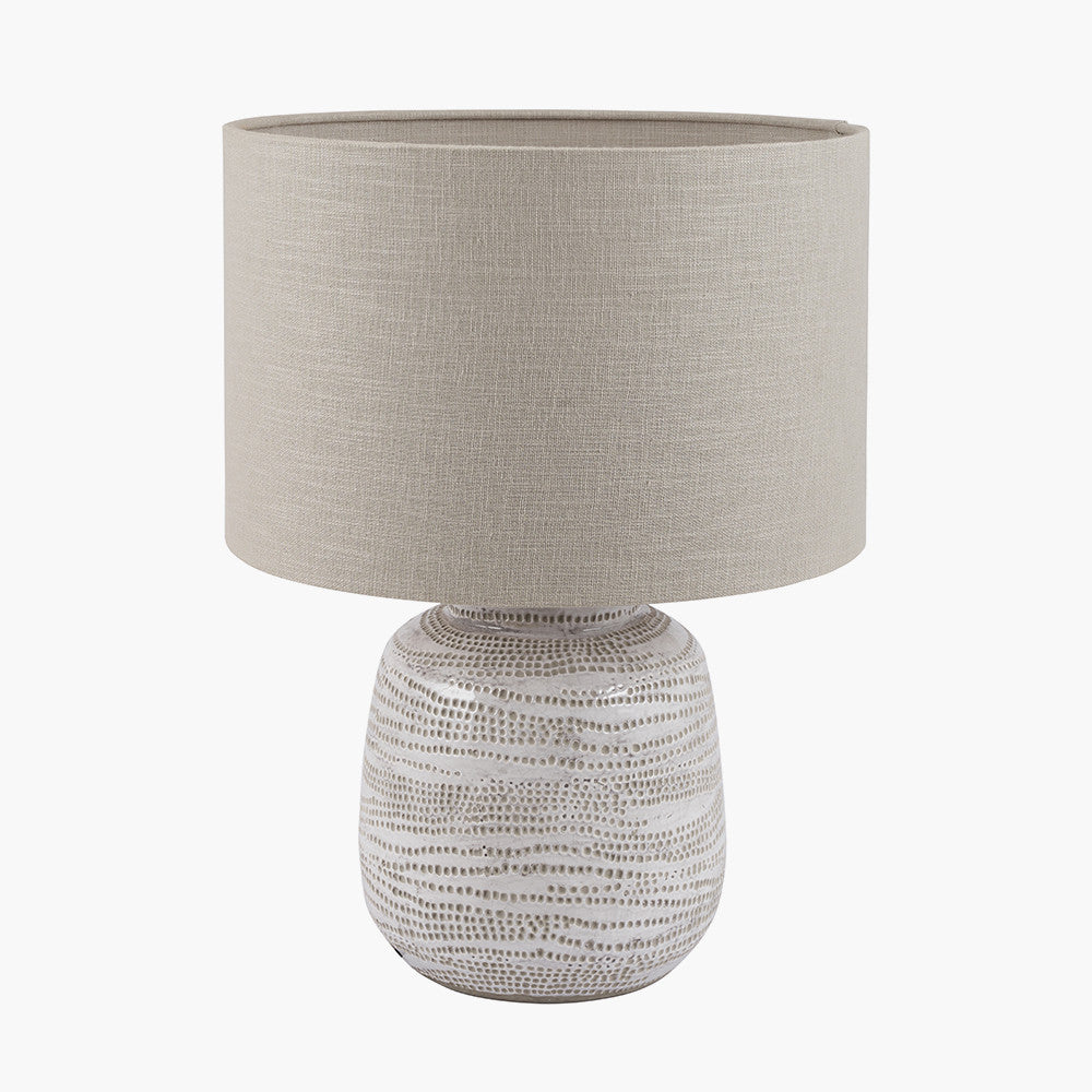 Contemporary White Stoneware Table Lamp – Textured Base & Fabric Shade