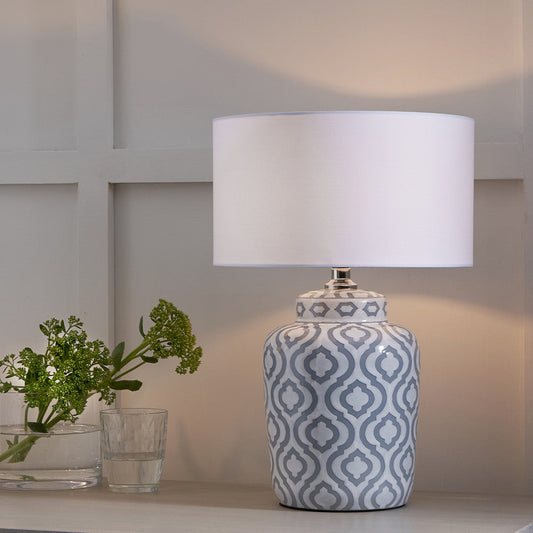 Elegant Ceramic Table Lamp – Grey & White Patterned Design - 