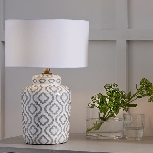Classic Ceramic Table Lamp – Moroccan Pattern & Taupe Finish - 
